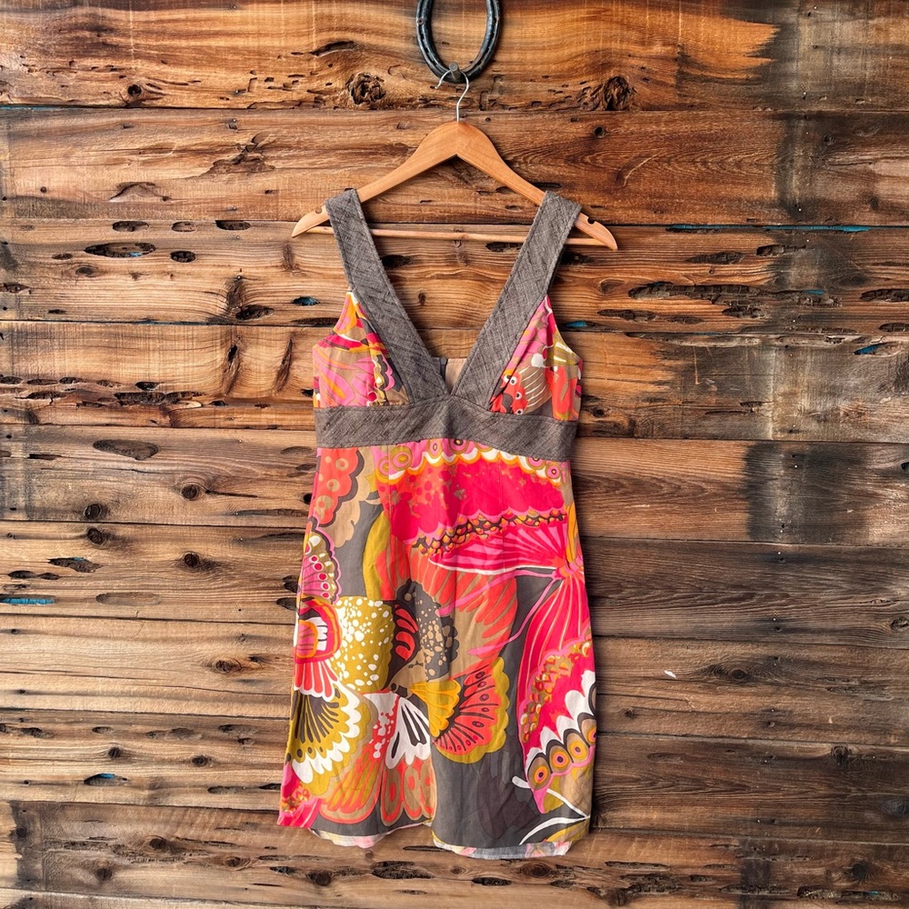 TRINA TURK | Silk Linen Multi-Color Floral Strap Dress with Taupe Lining 6